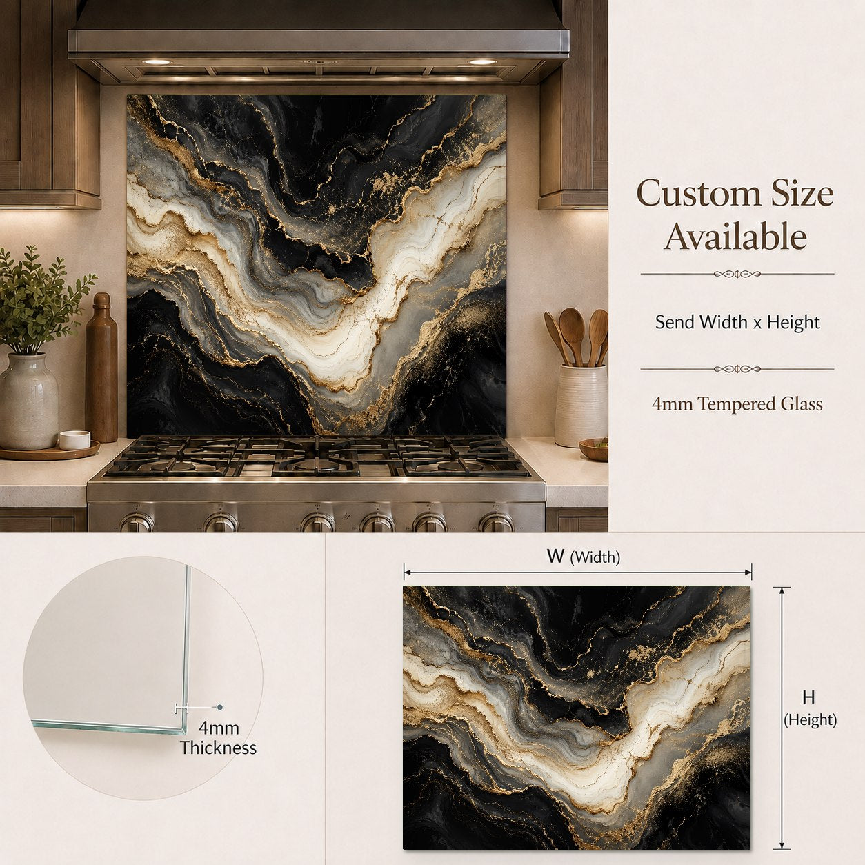 Luxurious home bar area with a golden marble glass backsplash panel reflecting warm ambient lighting.