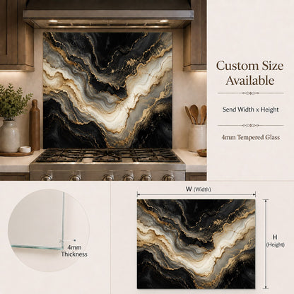 Luxurious home bar area with a golden marble glass backsplash panel reflecting warm ambient lighting.
