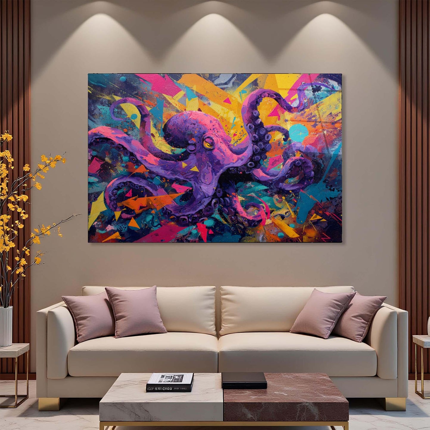 Colorful abstract octopus painting on a wall above a beige sofa.