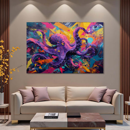 Colorful abstract octopus painting on a wall above a beige sofa.
