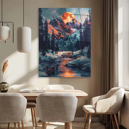 Dining room with a large mountain landscape painting on the wall