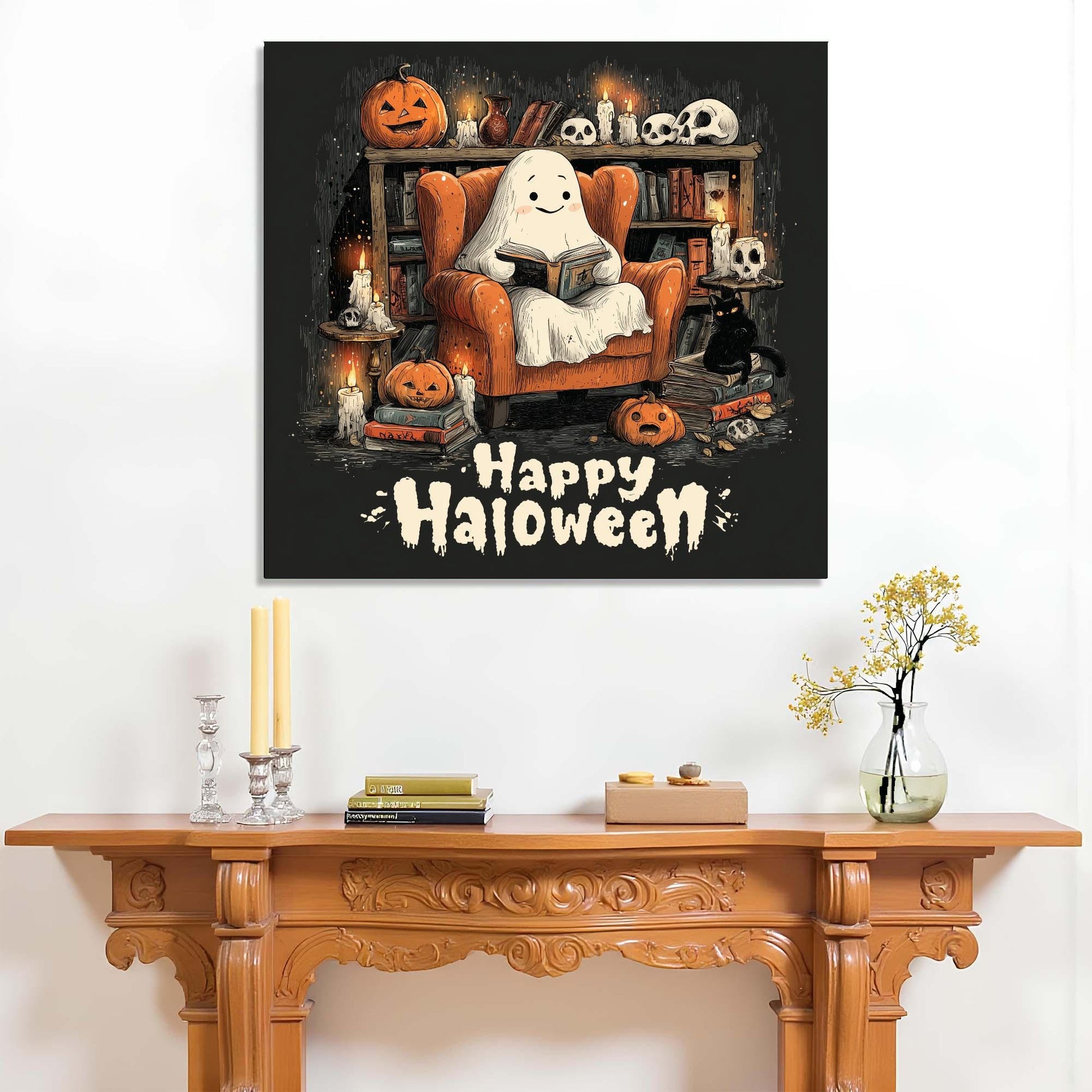 Halloween-themed wall art with a ghost reading a book on a black background, displayed above a wooden mantelpiece.