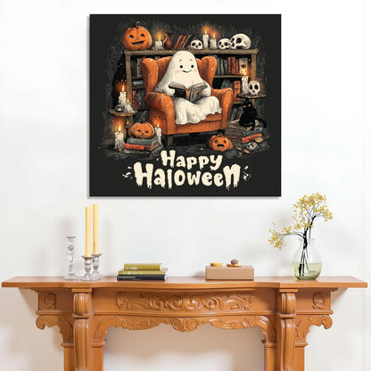 Halloween-themed wall art with a ghost reading a book on a black background, displayed above a wooden mantelpiece.