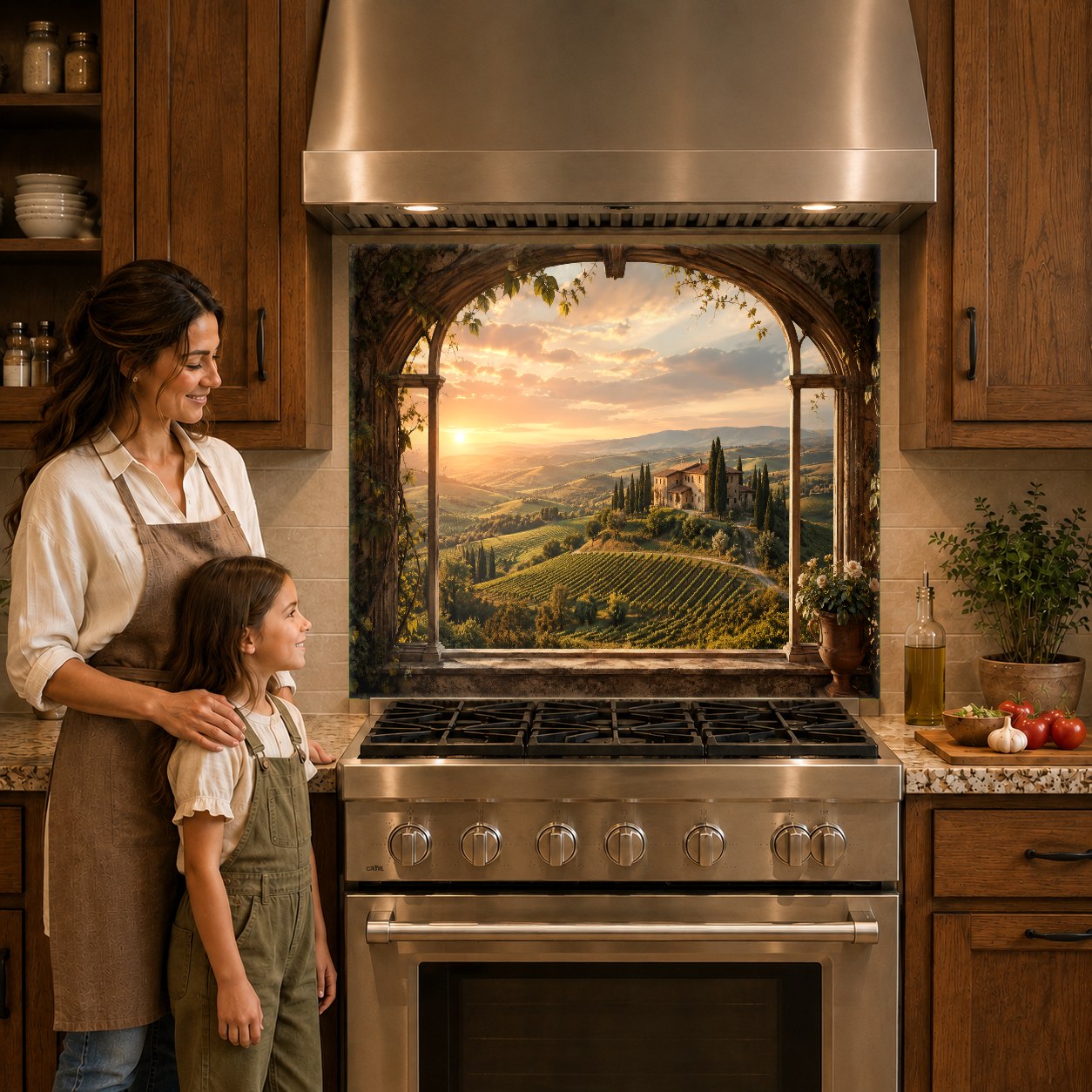 Floral design glass backsplash panel mounted neatly behind a modern glass cooktop