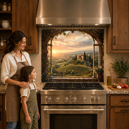 Floral design glass backsplash panel mounted neatly behind a modern glass cooktop