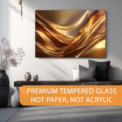 Abstract art piece on a wall with decorative pillows and vases below, featuring text about premium tempered glass.