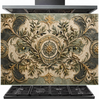 Olive Majesty tempered glass backsplash installed behind a professional gas stove in a Mediterranean style kitchen.