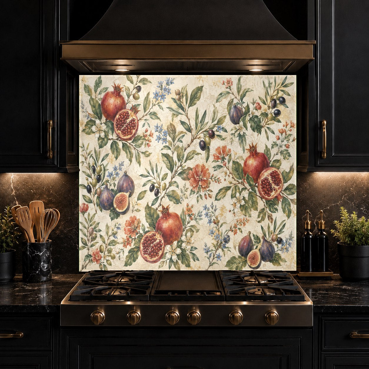 Modern home bar featuring a colorful pomegranate glass backsplash behind the wet bar sink area.