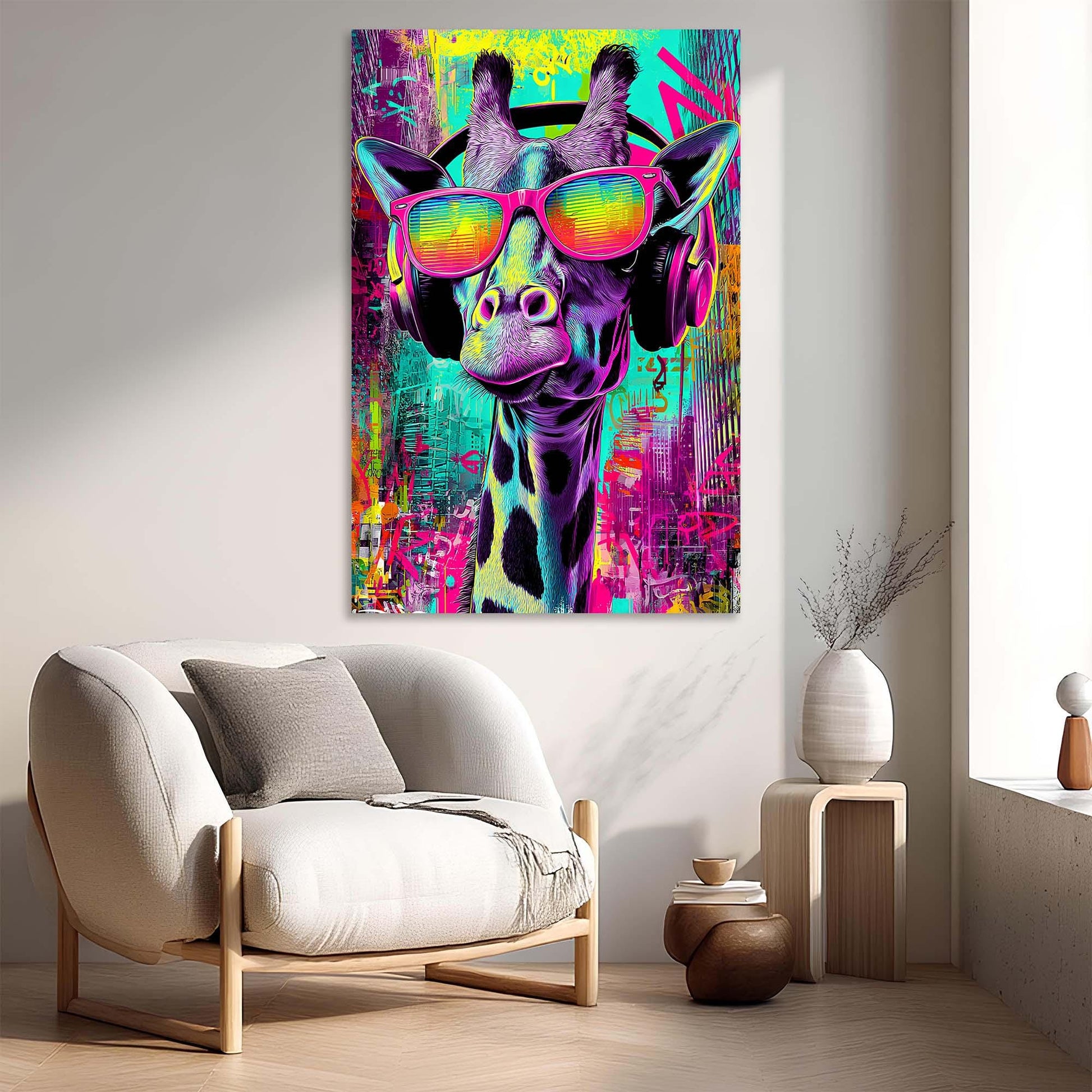 Colorful abstract painting of a giraffe wearing sunglasses in a modern living room.