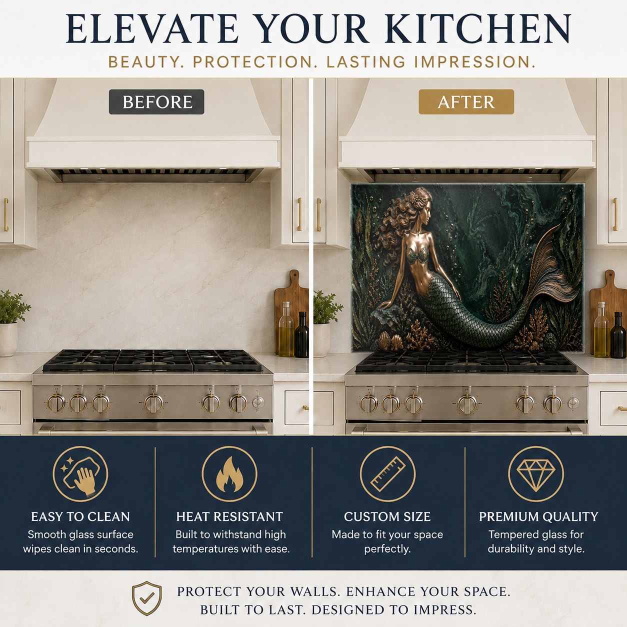 Hygienic and heat-resistant mermaid glass backsplash panel in a bright, modern seaside kitchen.