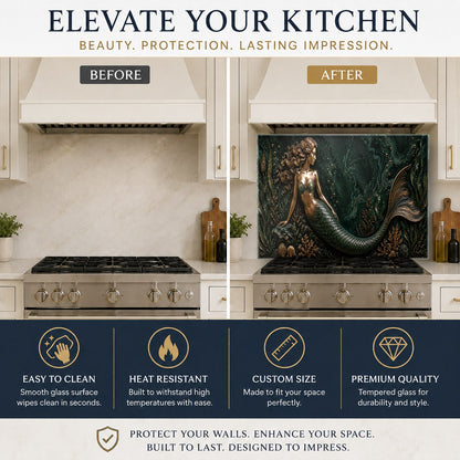 Hygienic and heat-resistant mermaid glass backsplash panel in a bright, modern seaside kitchen.