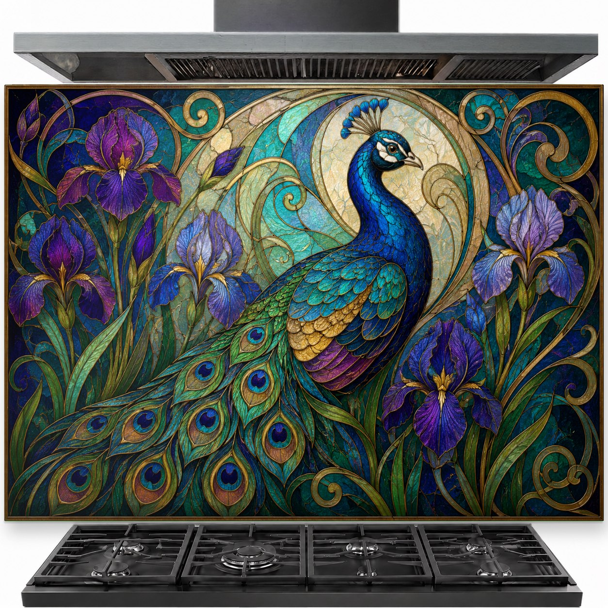 Iris Peacock tempered glass backsplash installed behind a modern kitchen stove