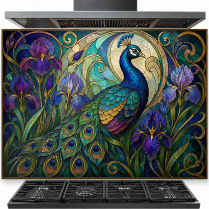 Iris Peacock tempered glass backsplash installed behind a modern kitchen stove