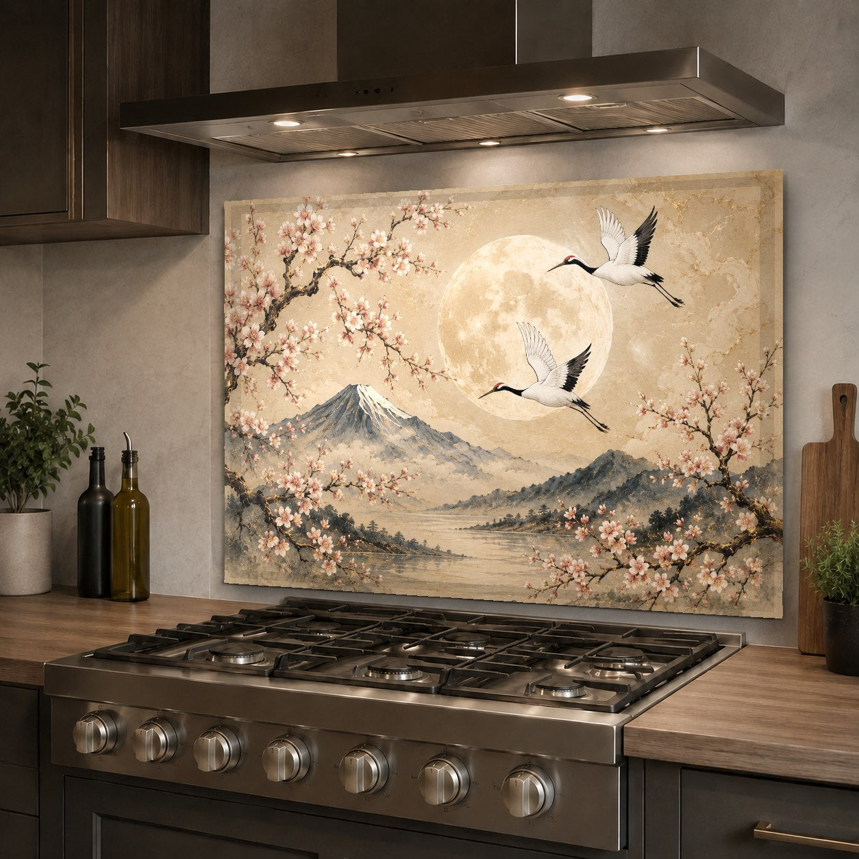Close-up of the high-gloss Moon Cranes tempered glass backsplash, showcasing the heat-resistant and seamless surface.