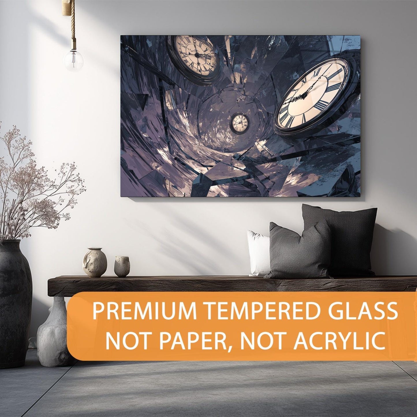 Wall art of a clock design in a modern living room with decorative pillows and a vase.
