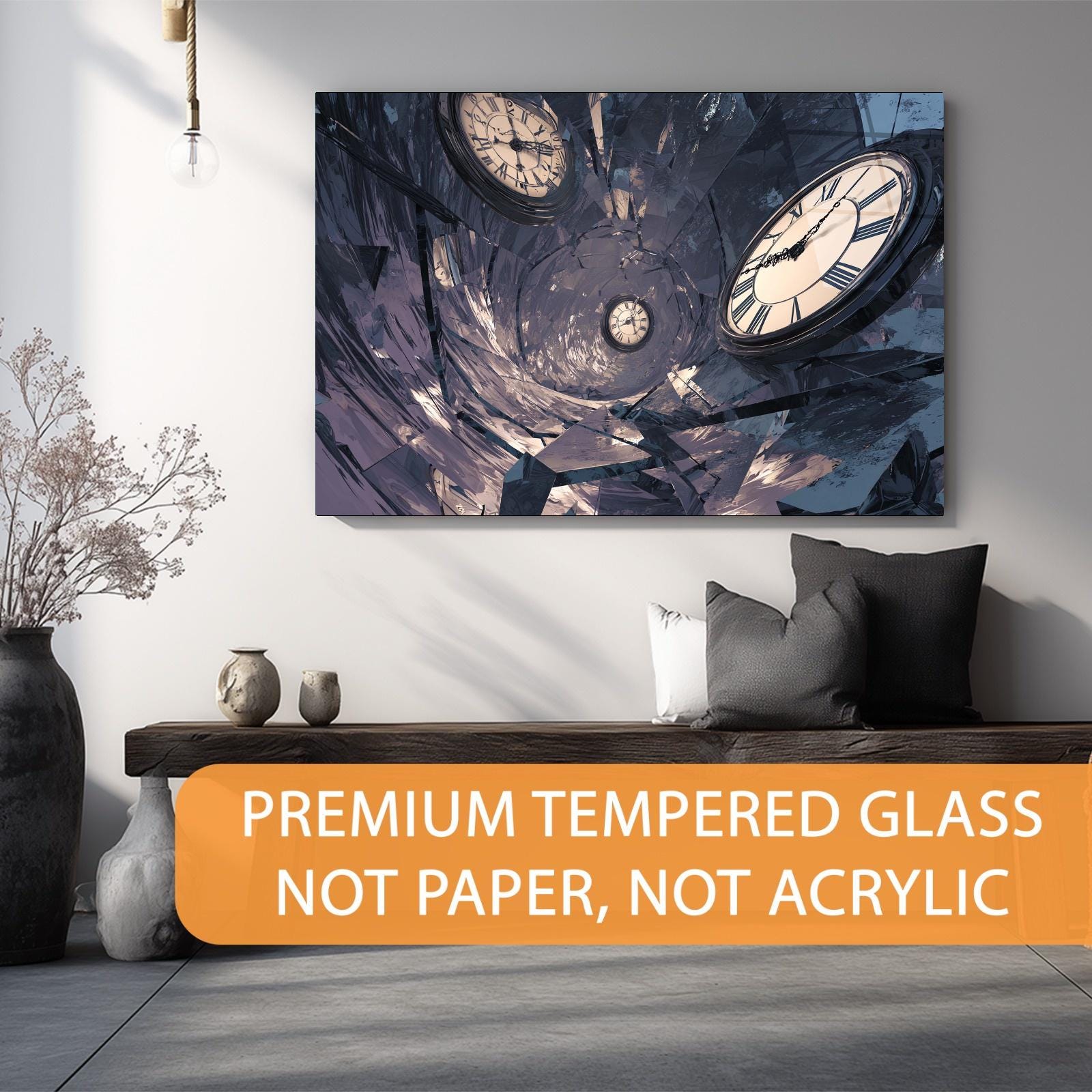 Wall art of a clock design in a modern living room with decorative pillows and a vase.