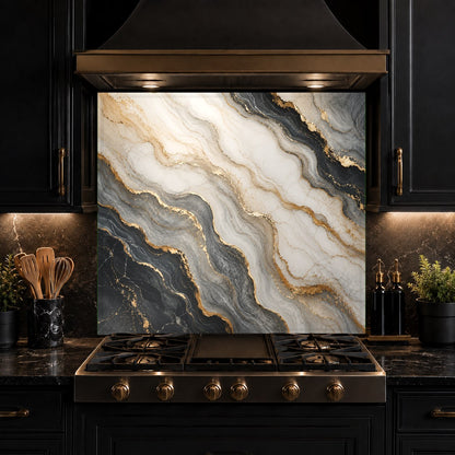 Durable and hygienic marble flow tempered glass backsplash panel mounted on a kitchen wall.