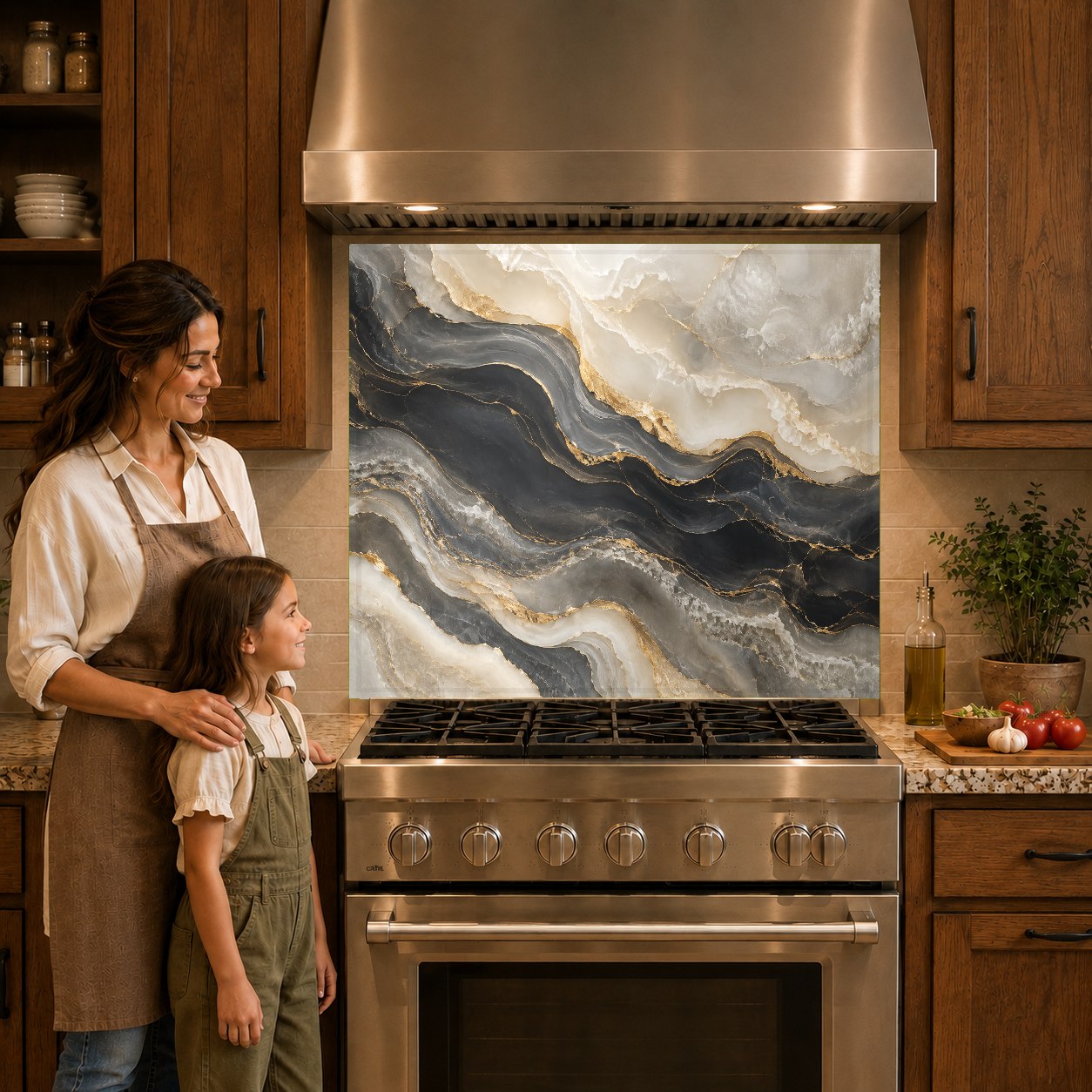 Luxury marble look kitchen glass backsplash behind a gas cooktop