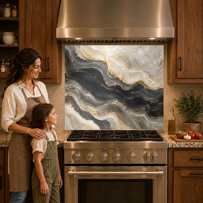 Luxury marble look kitchen glass backsplash behind a gas cooktop