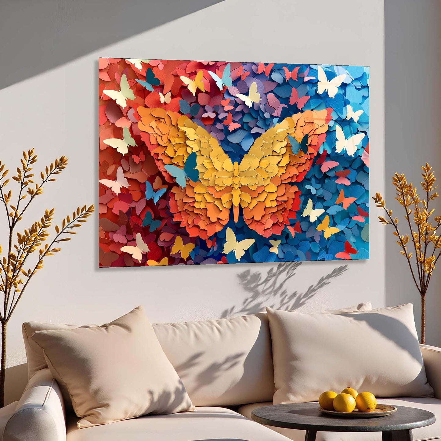 Colorful butterfly art piece on a wall above a sofa with decorative elements.