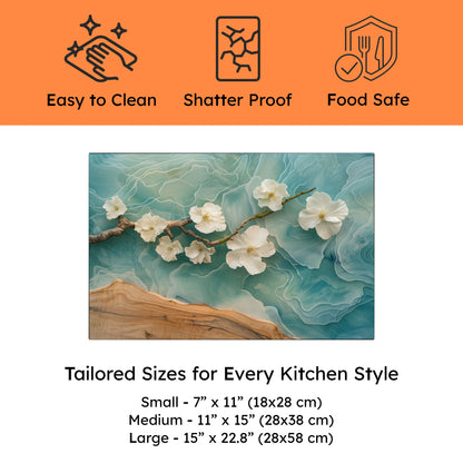 Product features with icons and text on an orange background, featuring a floral design cutting board.