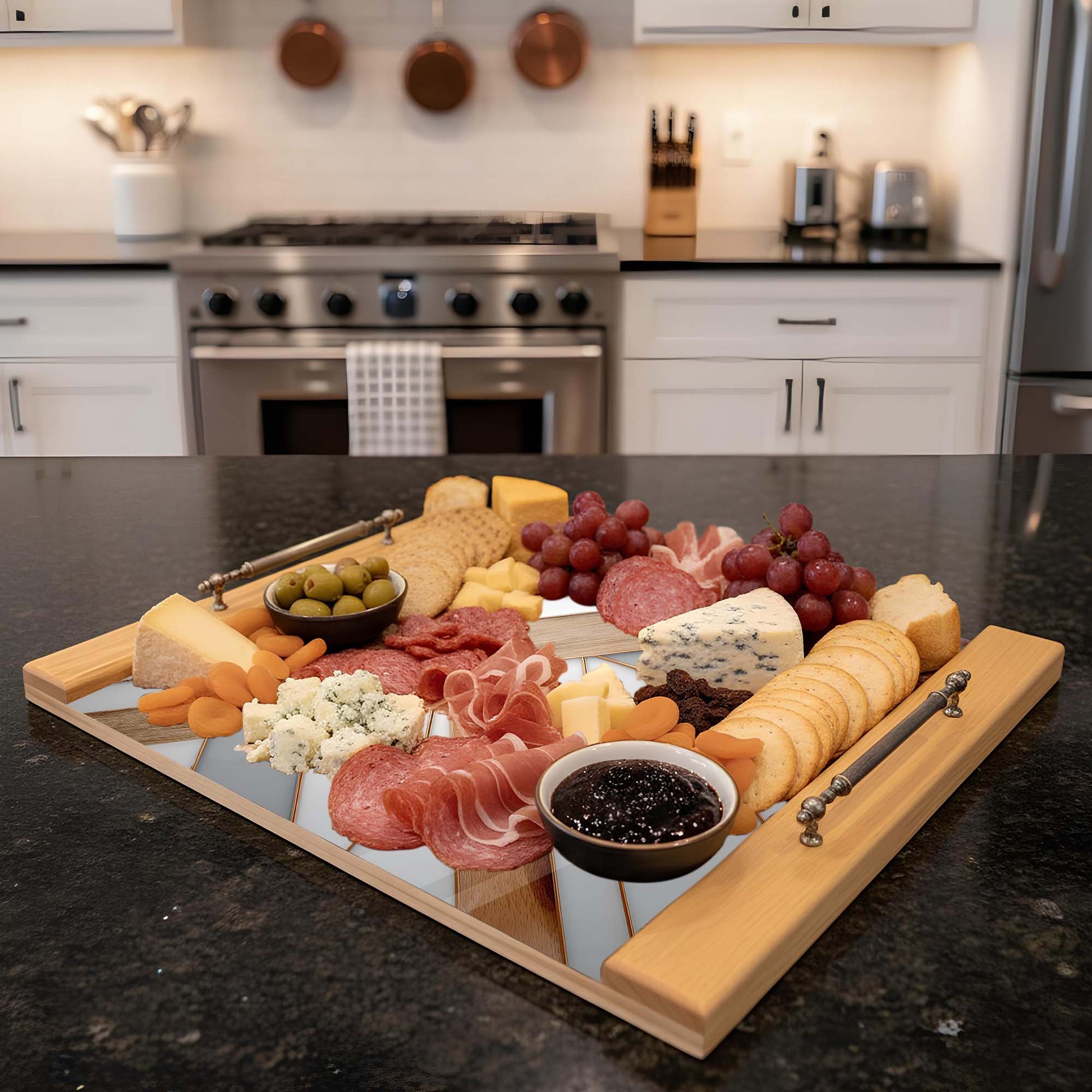 Wooden charcuterie board with assorted meats, cheeses, and fruits on a kitchen counter.