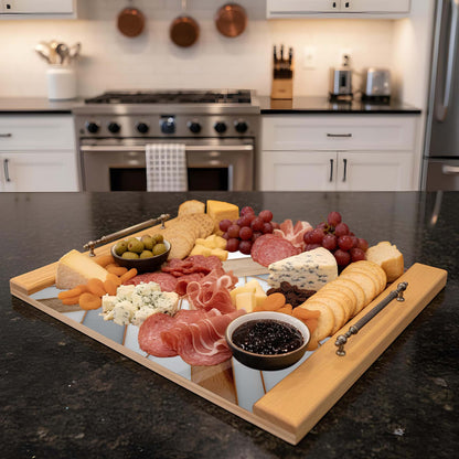 Wooden charcuterie board with assorted meats, cheeses, and fruits on a kitchen counter.