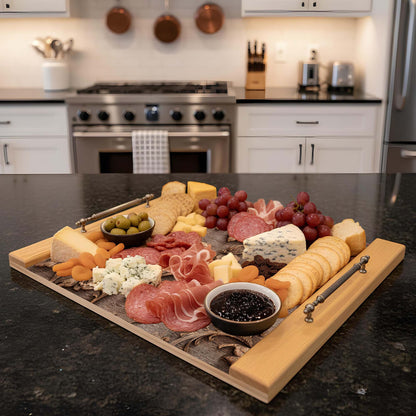 Charcuterie board with meats, cheeses, and fruits on a kitchen counter.