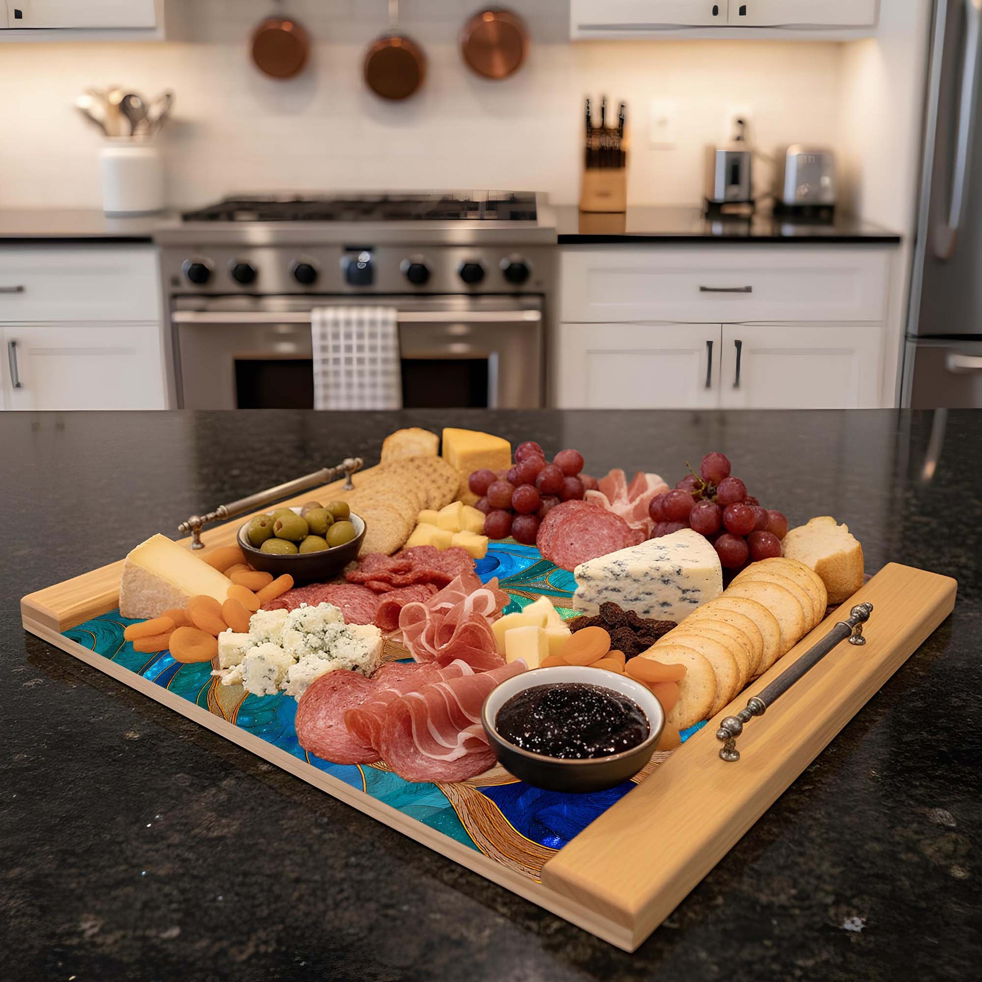 Wooden charcuterie board with meats, cheeses, and fruits on a kitchen counter.
