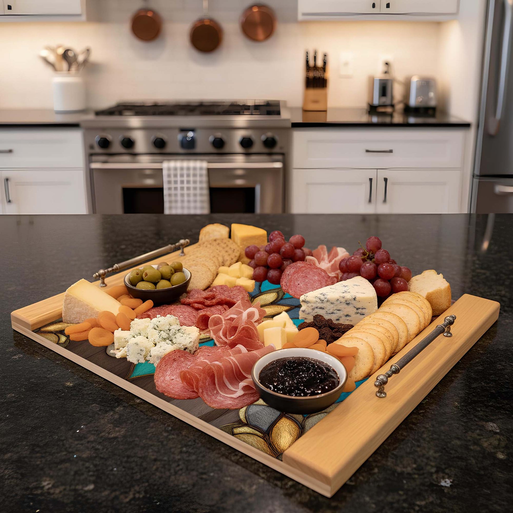 Charcuterie board with meats, cheeses, and fruits on a kitchen counter.
