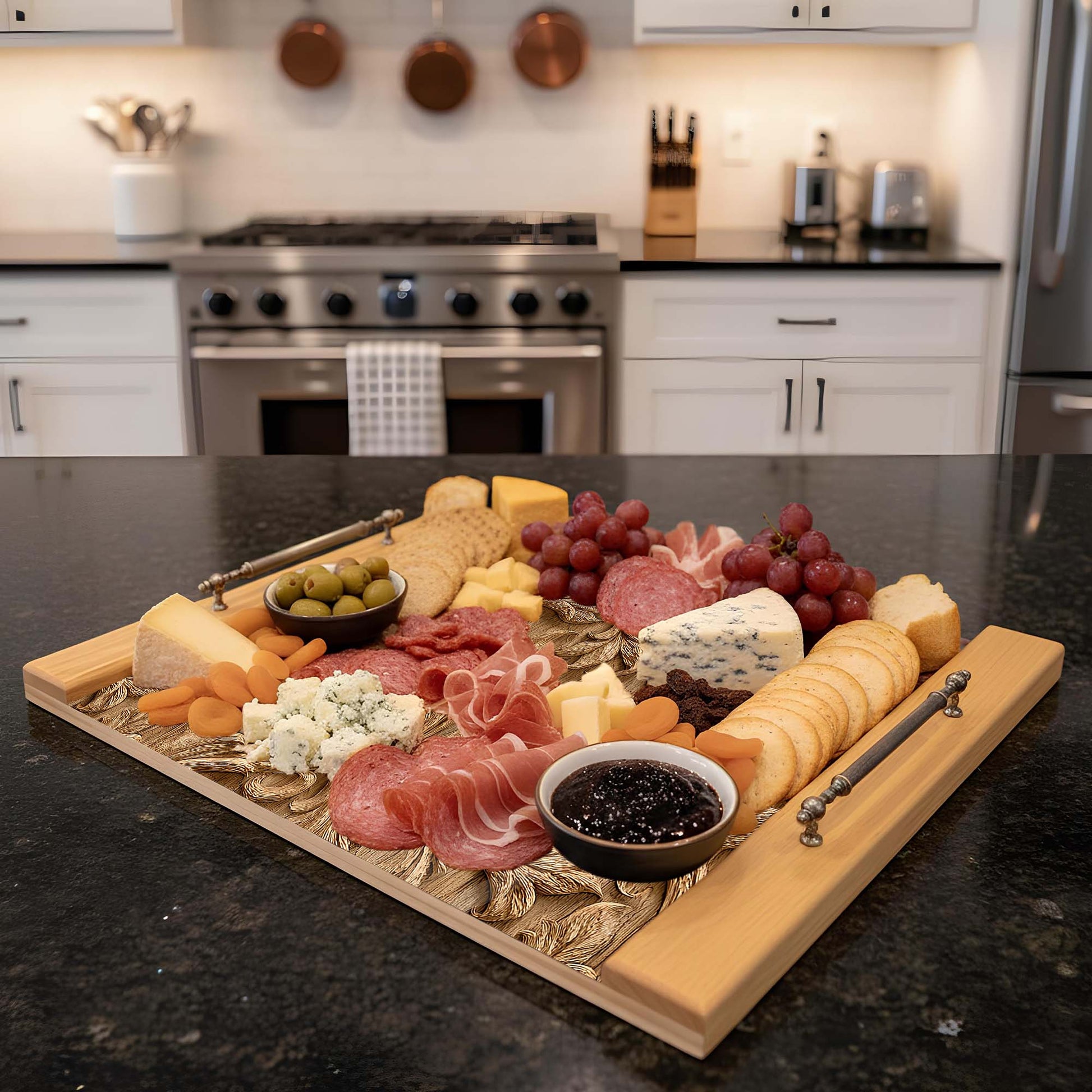 Wooden charcuterie board with meats, cheeses, and fruits on a kitchen counter.