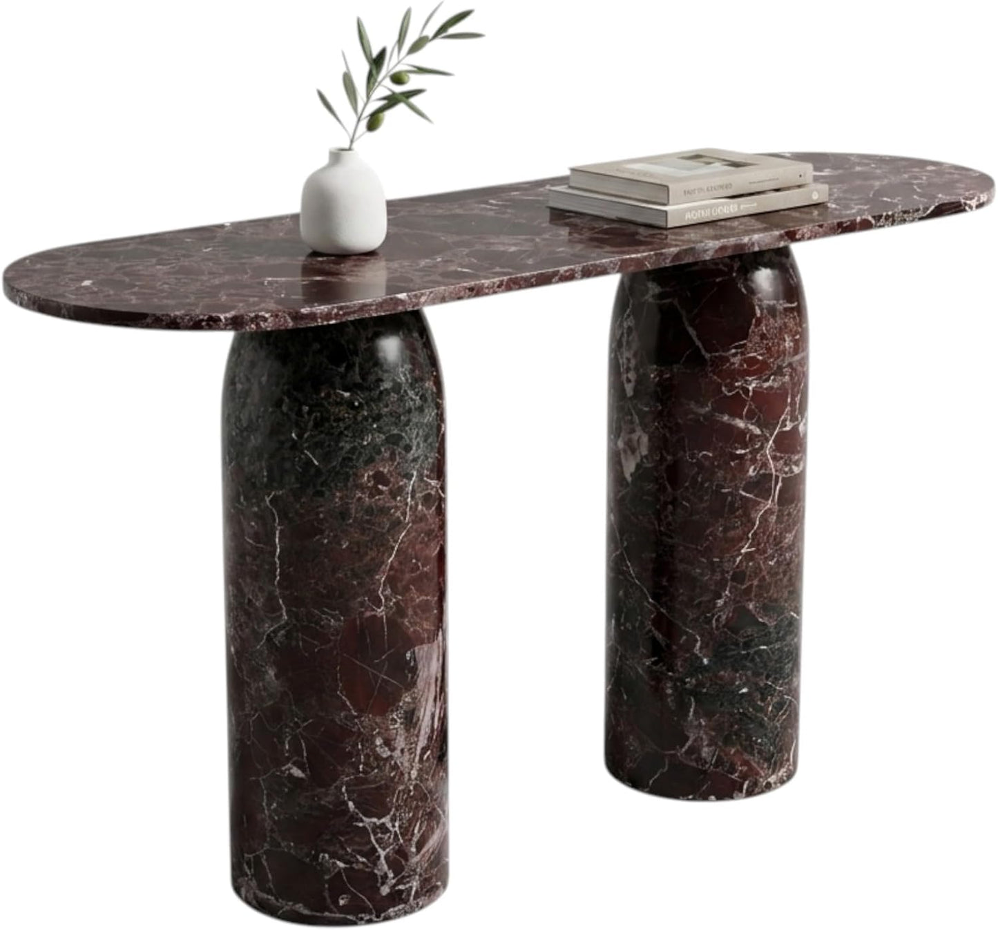 Marble console table with a white vase and books on a white background