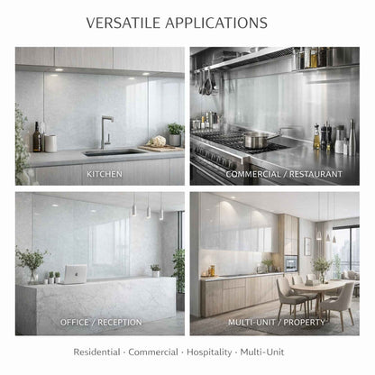 Collage of various settings including a kitchen, commercial restaurant, office reception, and multi-unit property with text indicating versatile applications.