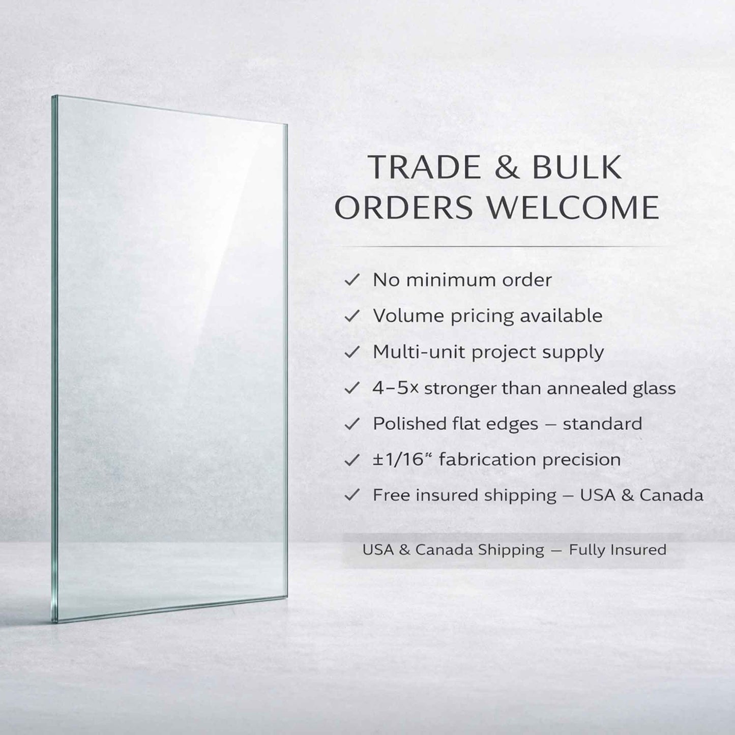 Clear glass panel with promotional text on a light gray background