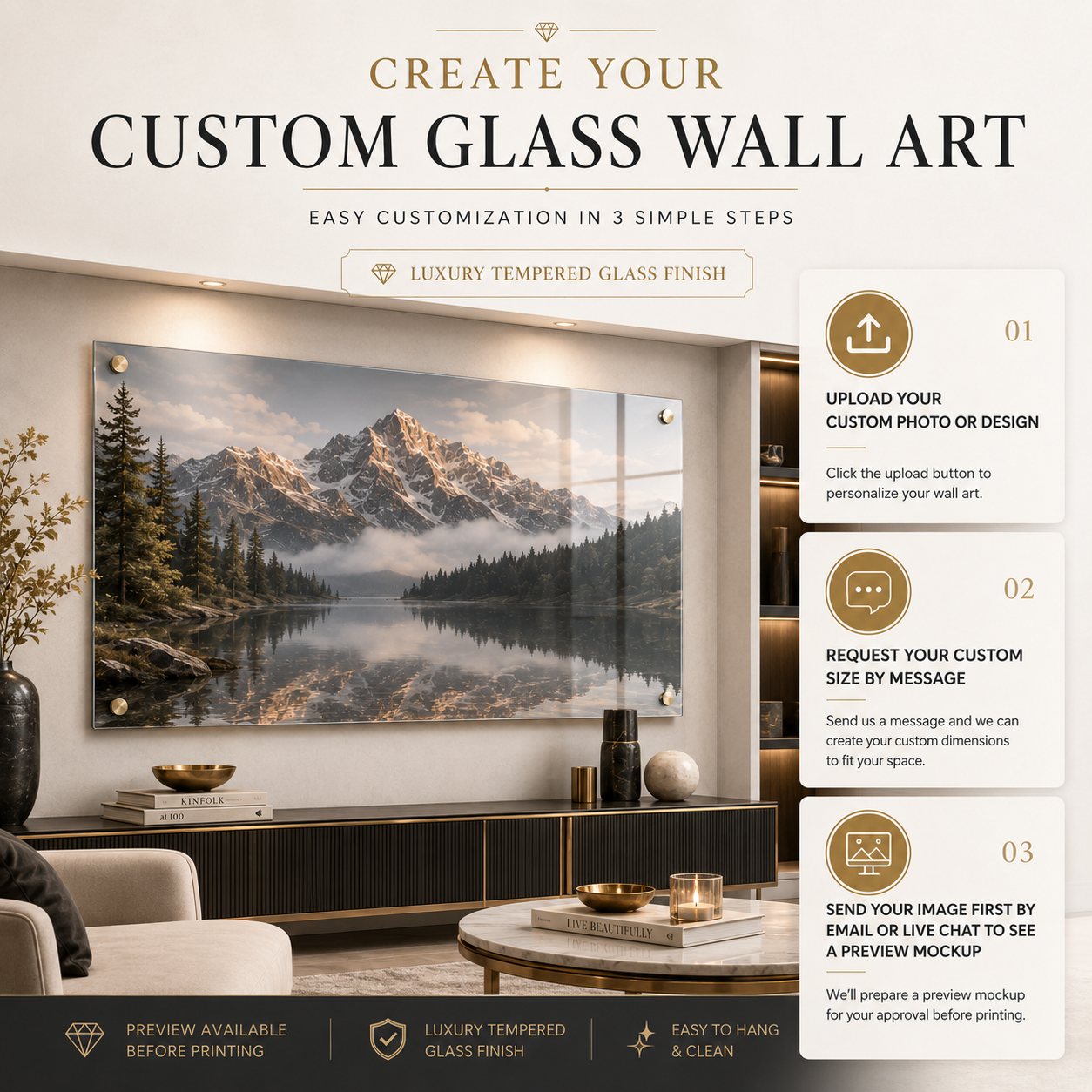Custom Glass Kitchen Backsplash - Mountain Lake Design Tempered Glass Splashback for Stove