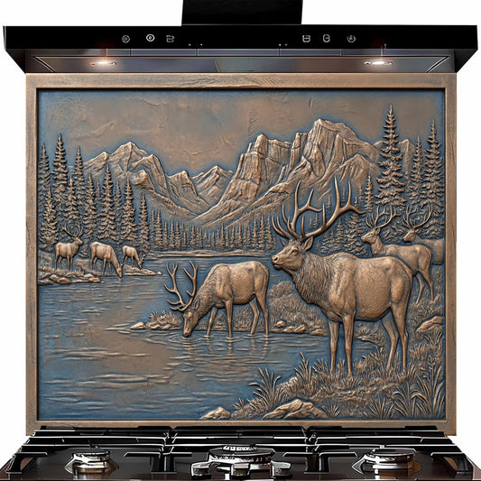 Mountain elk wilderness custom kitchen backsplash with rustic forest and lake landscape on tempered glass