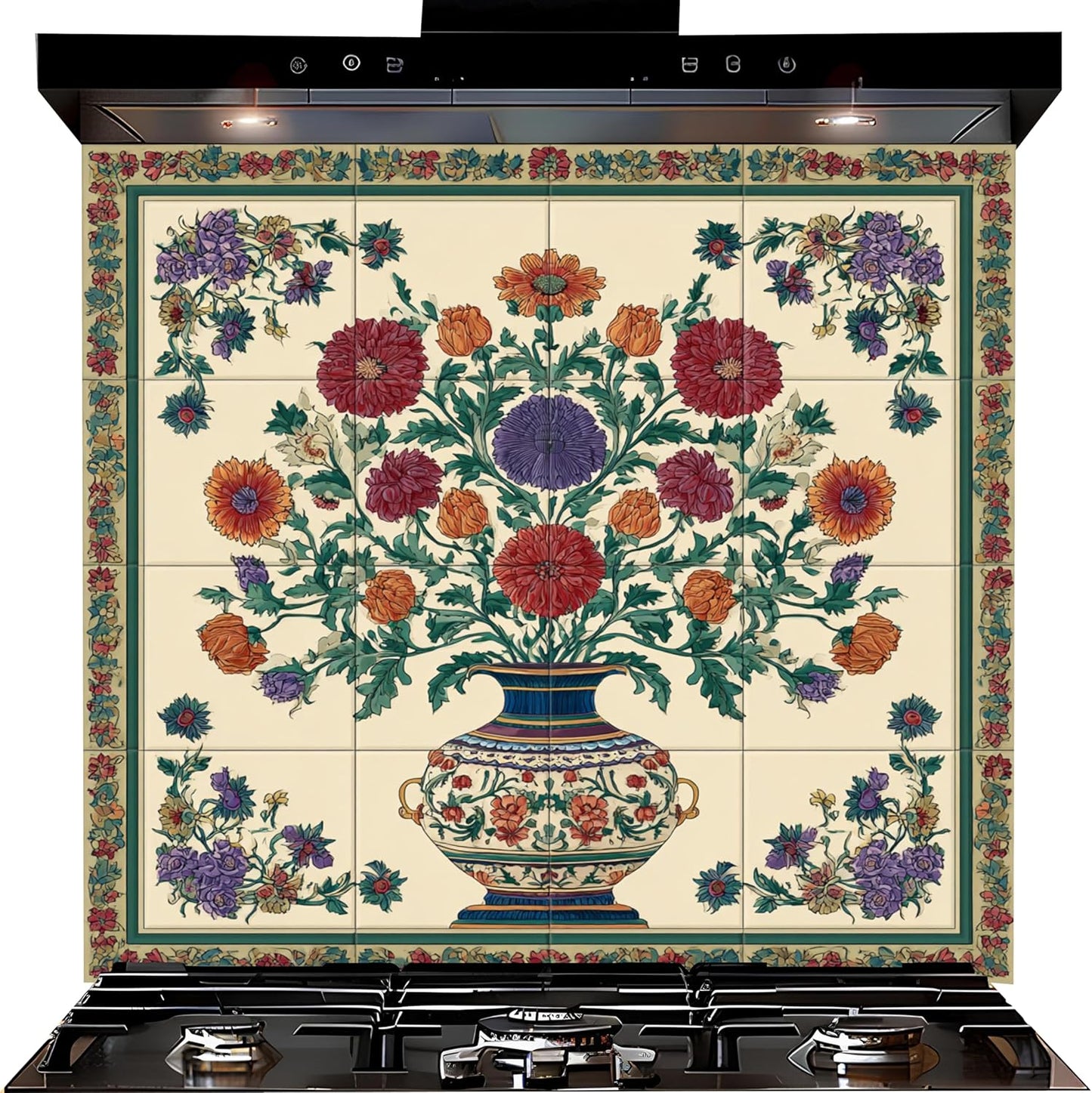 Ottoman floral vase custom kitchen backsplash with colorful traditional flowers on tempered glass splashback panel