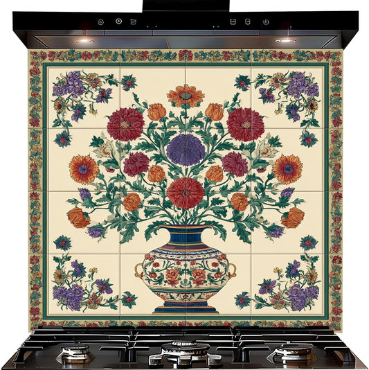 Ottoman floral vase custom kitchen backsplash with colorful traditional flowers on tempered glass splashback panel