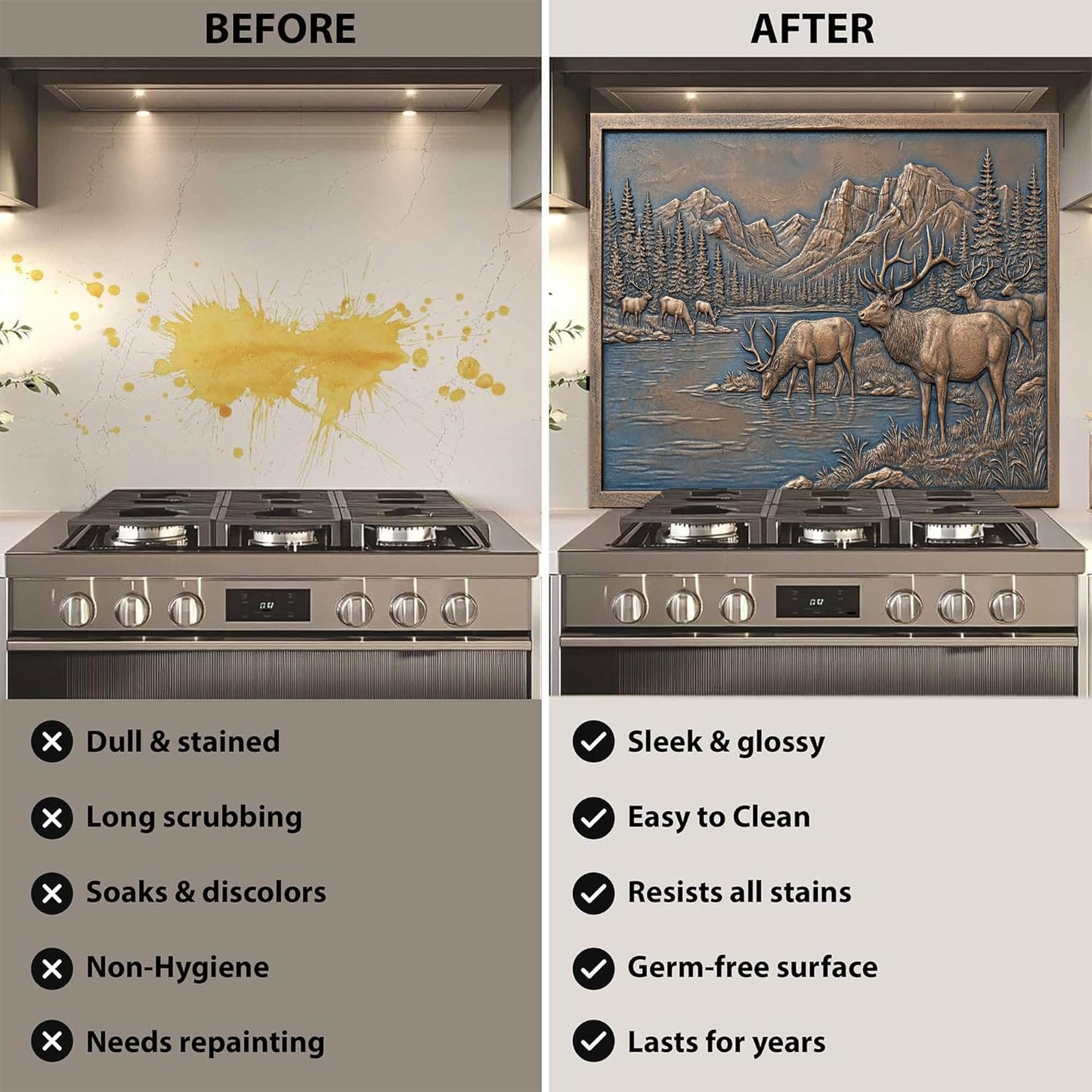 Rustic mountain elk tempered glass custom kitchen backsplash with forest landscape