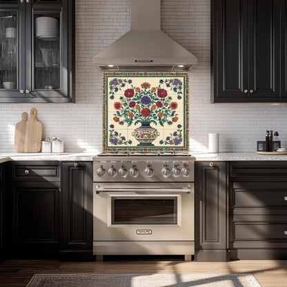 Ottoman floral vase custom kitchen backsplash with colorful traditional flowers on tempered glass splashback panel