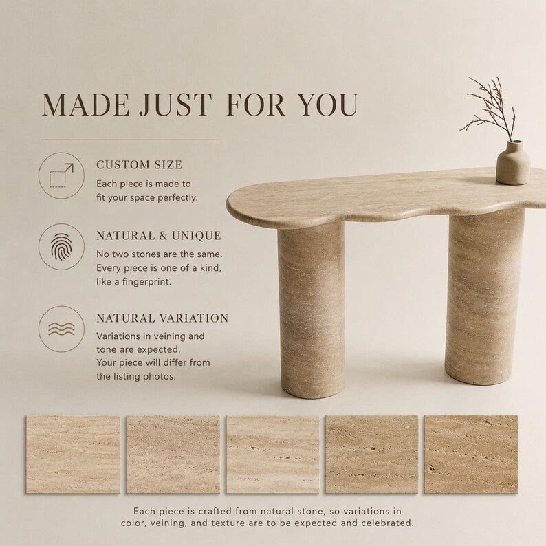 Wooden table with natural stone finish on a beige background, featuring text about custom size and natural uniqueness.