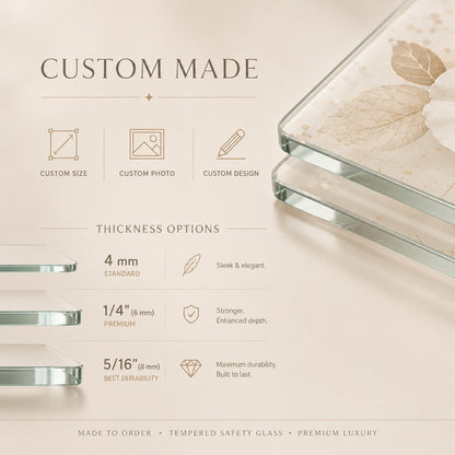 Glass product with thickness options and customization features on a beige background