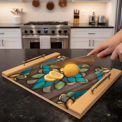 Person cutting a lemon on a decorative cutting board with a kitchen background