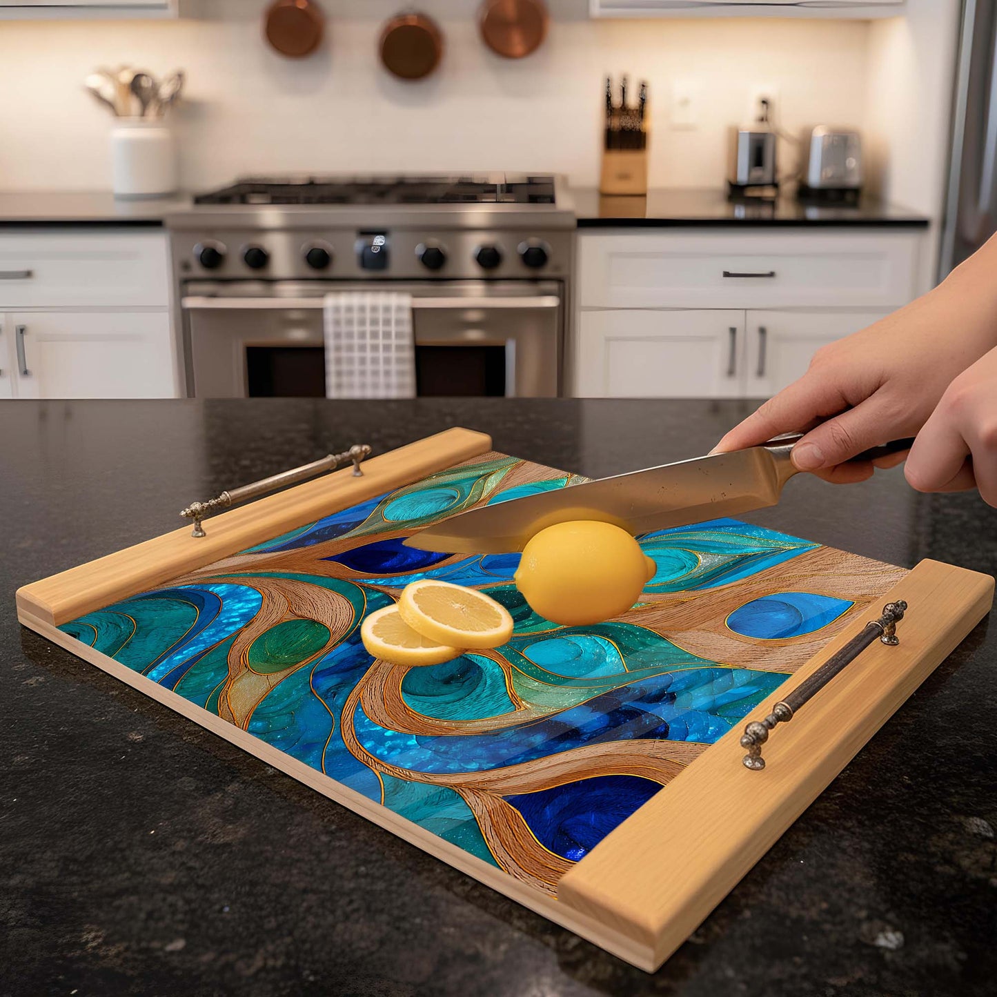 Person cutting a lemon on a decorative cutting board with a kitchen background