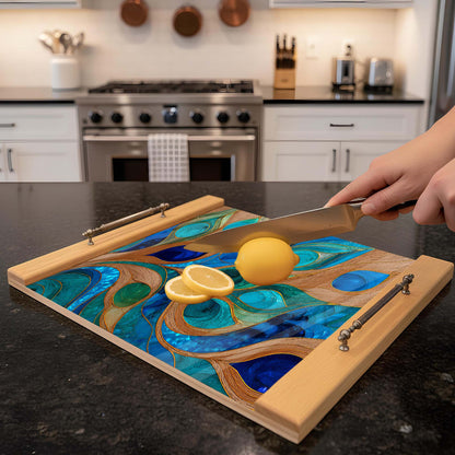 Person cutting a lemon on a decorative cutting board with a kitchen background