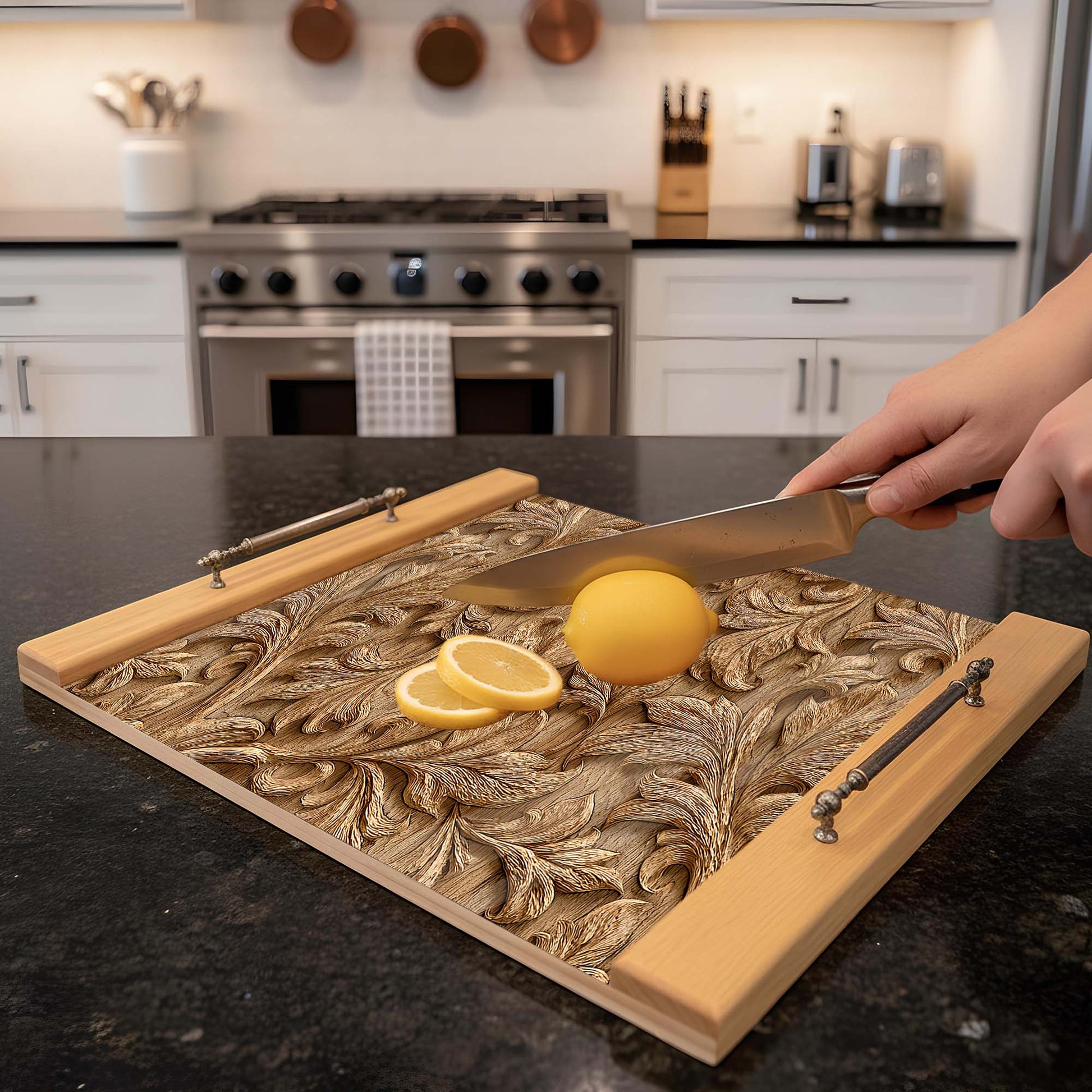 Person slicing lemons on a decorative wooden cutting board in a kitchen.