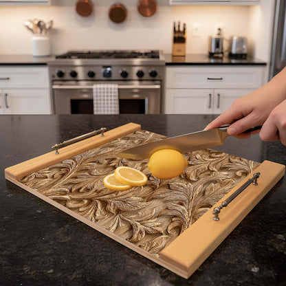 Person slicing lemons on a decorative wooden cutting board in a kitchen.
