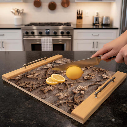 Person cutting a lemon on a decorative wooden cutting board in a kitchen.