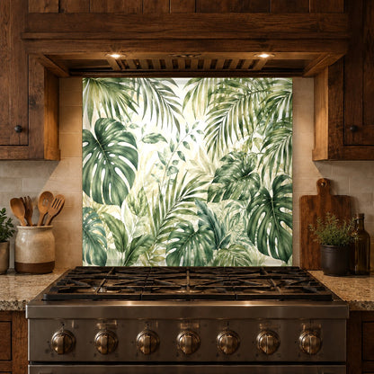 Luxury kitchen bar area styled with a green botanical tempered glass backsplash panel.