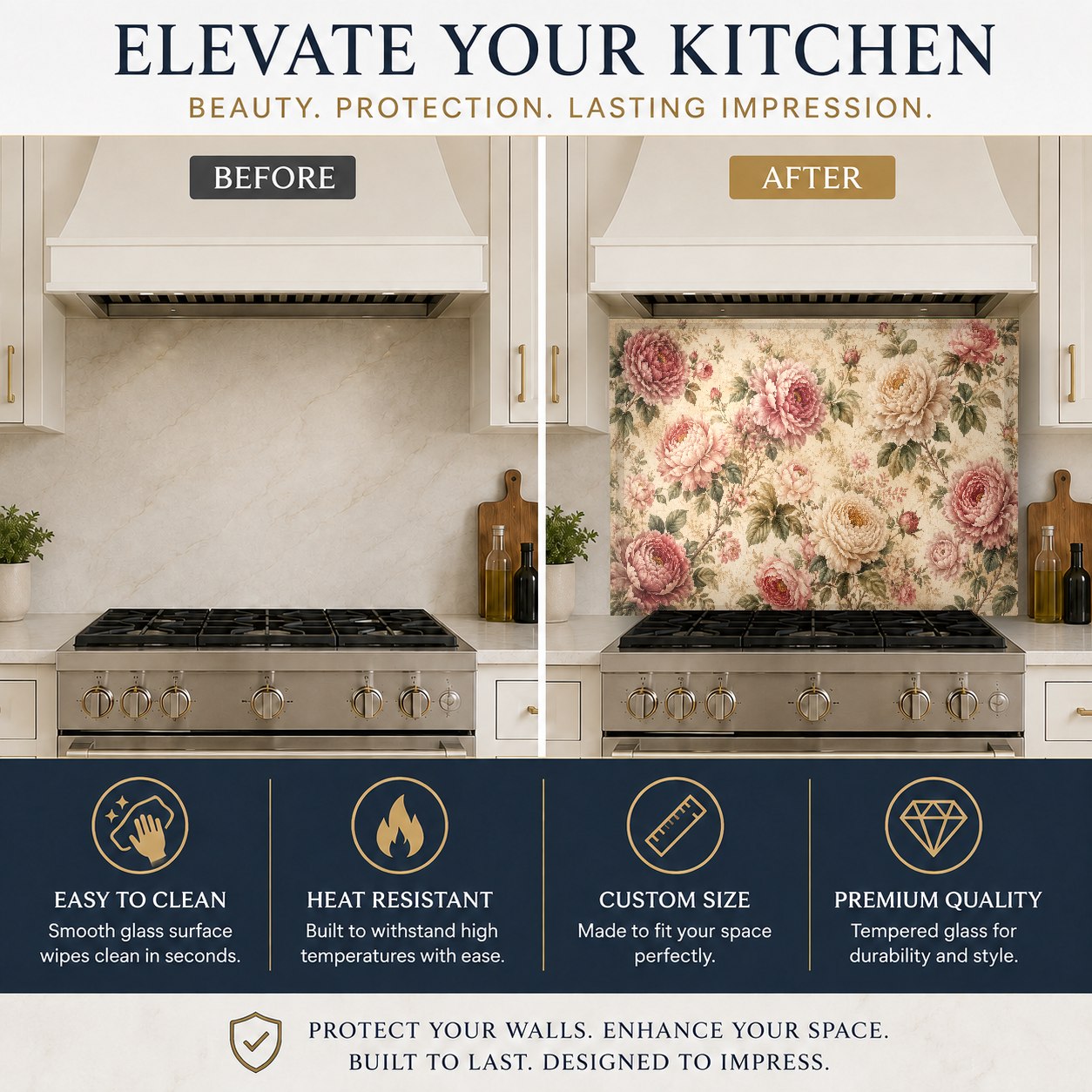Dusty pink and cream vintage roses backsplash panel mounted behind a stainless steel kitchen sink.